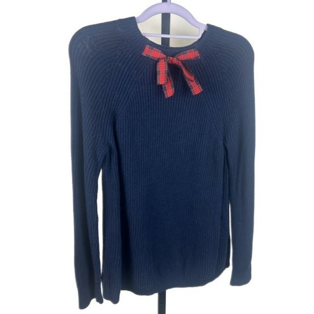 J. Crew Mercantile Women's Size‎ XS Navy Ribbed Sweater Red Plaid Bow Knit